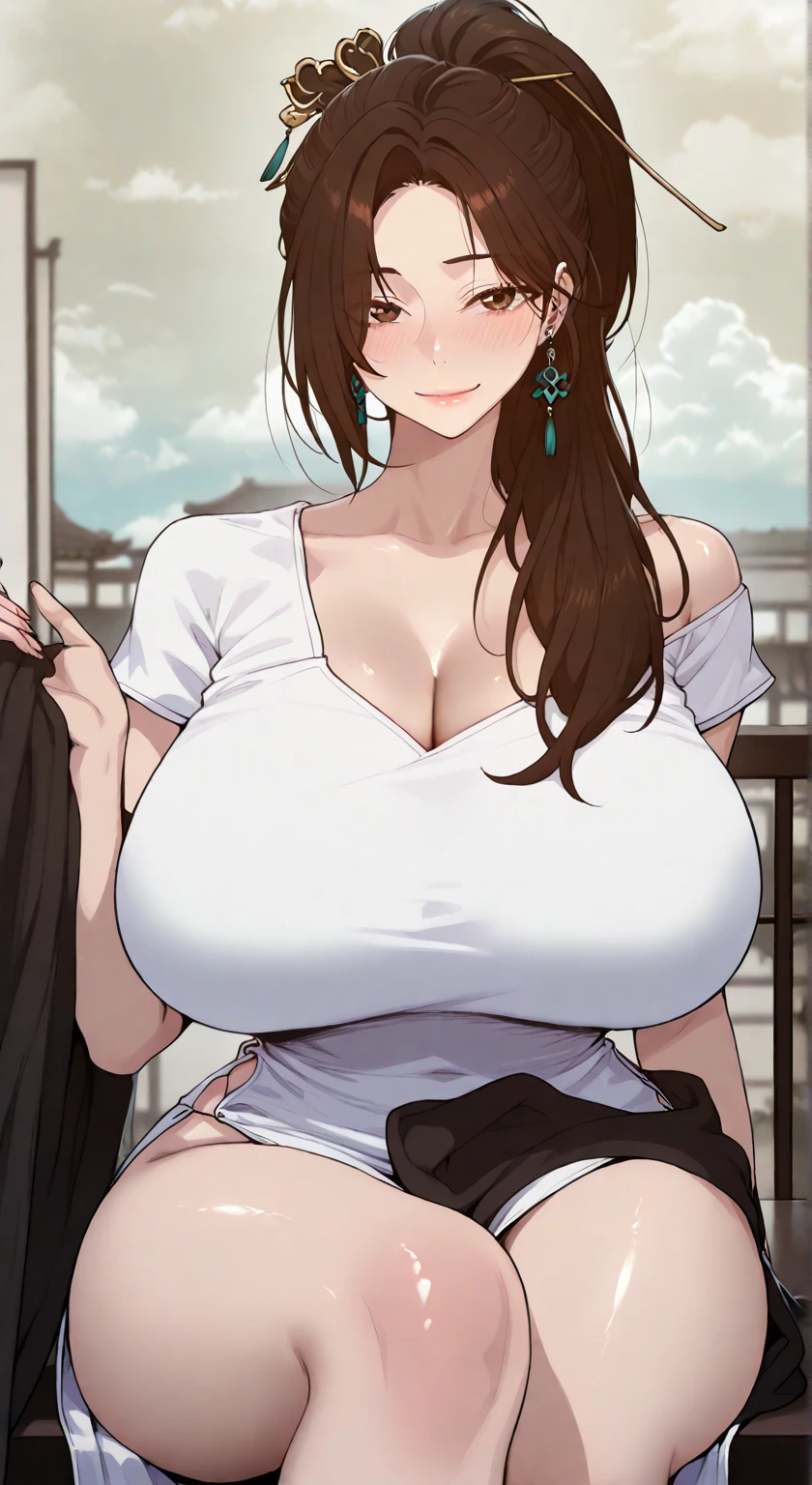 ((Midnight, Best quality, 8k, Masterpiece :1.3)), Whole body, Long legs, Sharp focus :1.2, A pretty woman with perfect figure :1.4, Slender abs :1.1, ((Dark brown hair,Gigantic breasts :1.2)), (White tight tshirt, Jean bib, Standing:1.2), ((Night city view, Rooftop:1.3)), Highly detailed face and skin texture, Detailed eyes, Double eyelid