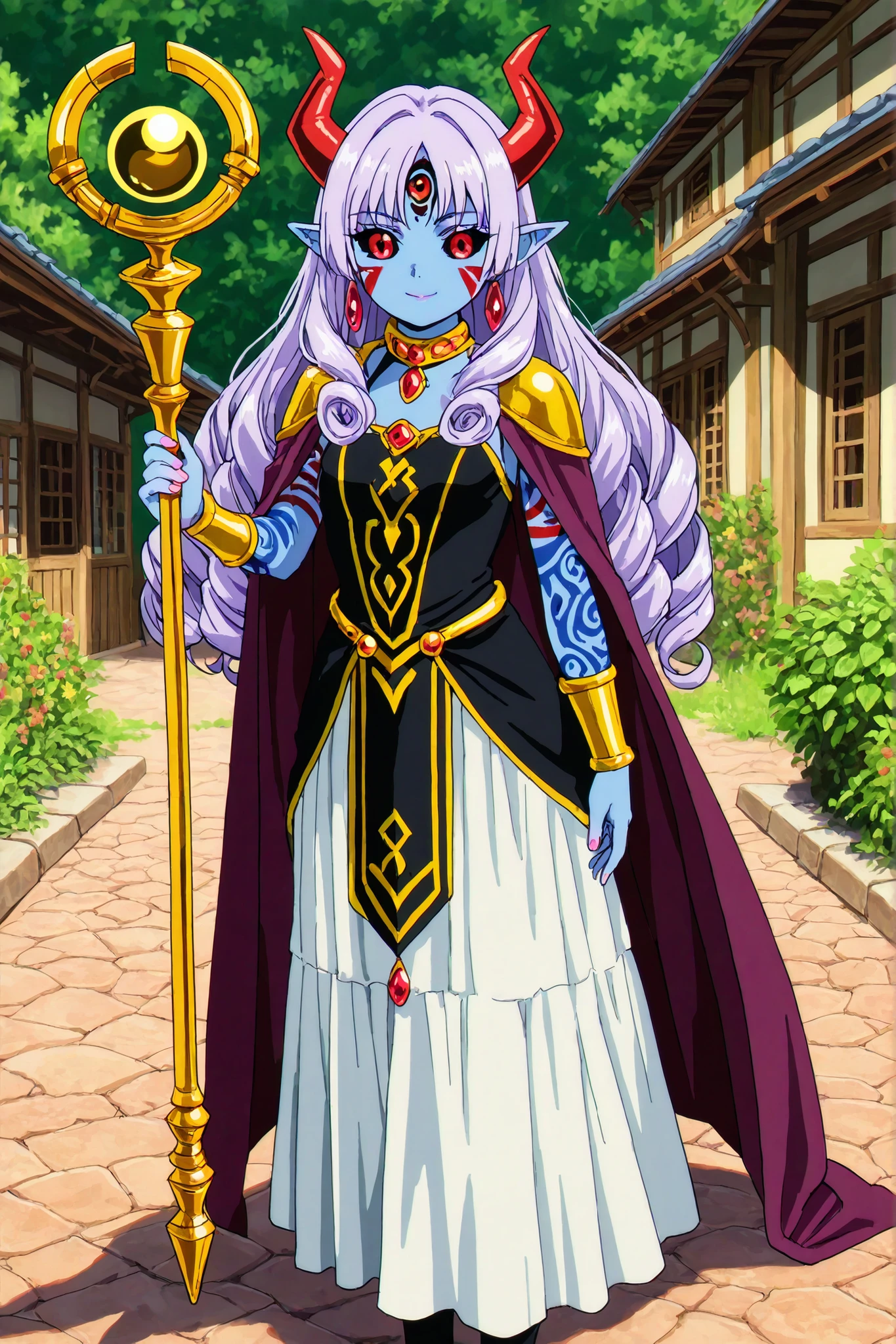 Freiren anime style, cute, siskuna mark, facial mark, black sclera, pitch black sclera, red eyes, , 1 girl, red eyes, solo, extra eyes, staring at viewer, tattoo, facial tattoo, pink nails, portrait, V, eyelashes, closed mouth, facial mark, jewelry, nail polish, bangs, earrings, fingernails, lips, smiling face, horns, demon girl, (colored skin), (blue skin: 1.2), demon horns, red eyes, pointed ears, piercings,A young, light-purple-skinned female character, positioned slightly off-center to the left side of the image, stands in a stylized Asian-inspired village setting. She has short, curly purple hair and red horns, and her expression is neutral. Her eyes are large and detailed, with noticeable red irises. She is wearing a dark-colored, long-sleeved dress with intricate golden patterns and details on the bodice and skirt. A rich purple cape drapes over her shoulders. She also wears decorative gold jewelry and has decorative, light purple, patterned tattoos on her arms and legs. She is holding a long, dark-colored staff with a golden orb at the top. The character's body type is slender and petite. The setting features traditional-style wooden buildings, stone-paved walkways, and greenery. Natural light sources are evident, casting shadows, and the overall color palette is a mix of warm browns, muted purples, golds, and blacks. The style of the image is a digital illustration, with a painterly quality in the detail and composition. The character is oriented facing the viewer, and the perspective is a mid-range view, offering a clear look at the details of her clothing and accessories. The composition is balanced, emphasizing the character and the architectural setting around her.