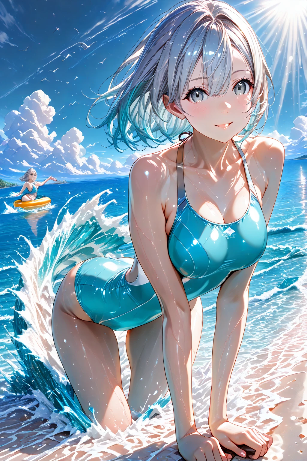 A 25 years old girl wearing swimming dress, in water, smiling face, looking at viewer