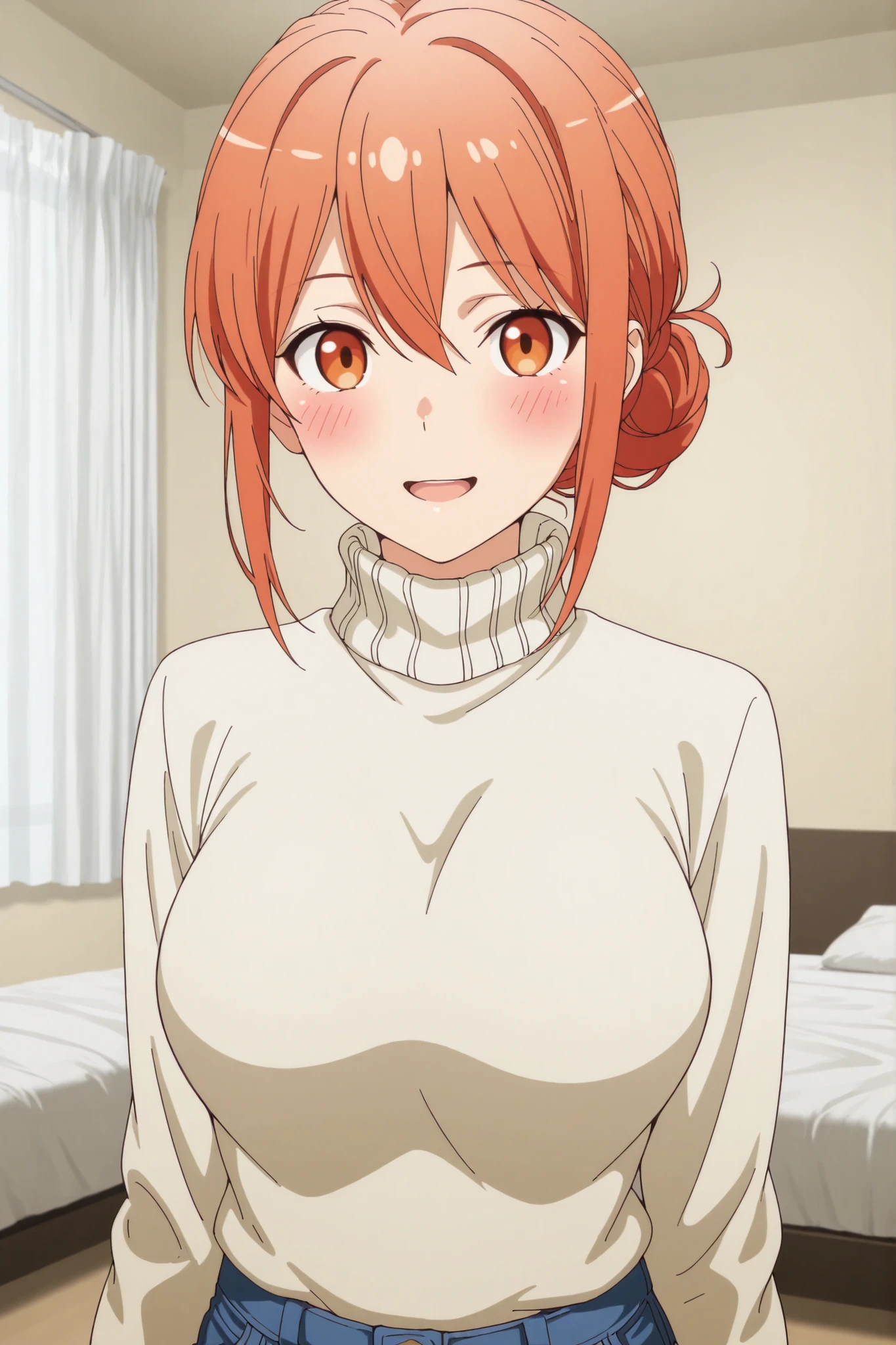 {{{masterpiece}}}, {{{best quality}}}, {{ultra-detailed}}, (detailed skin texture), 1girl, yuigahamama, hair bun, orange eyes, orange hair, short hair, single hair bun, hair between eyes, sidelocks,
denim, jeans, pants, sweater, turtleneck, turtleneck sweater, white sweater, large breast, looking at viewer,standing, straight posture, blush, cute smile, open mouth, large living room, bed, white curtains, upper body, from the same level