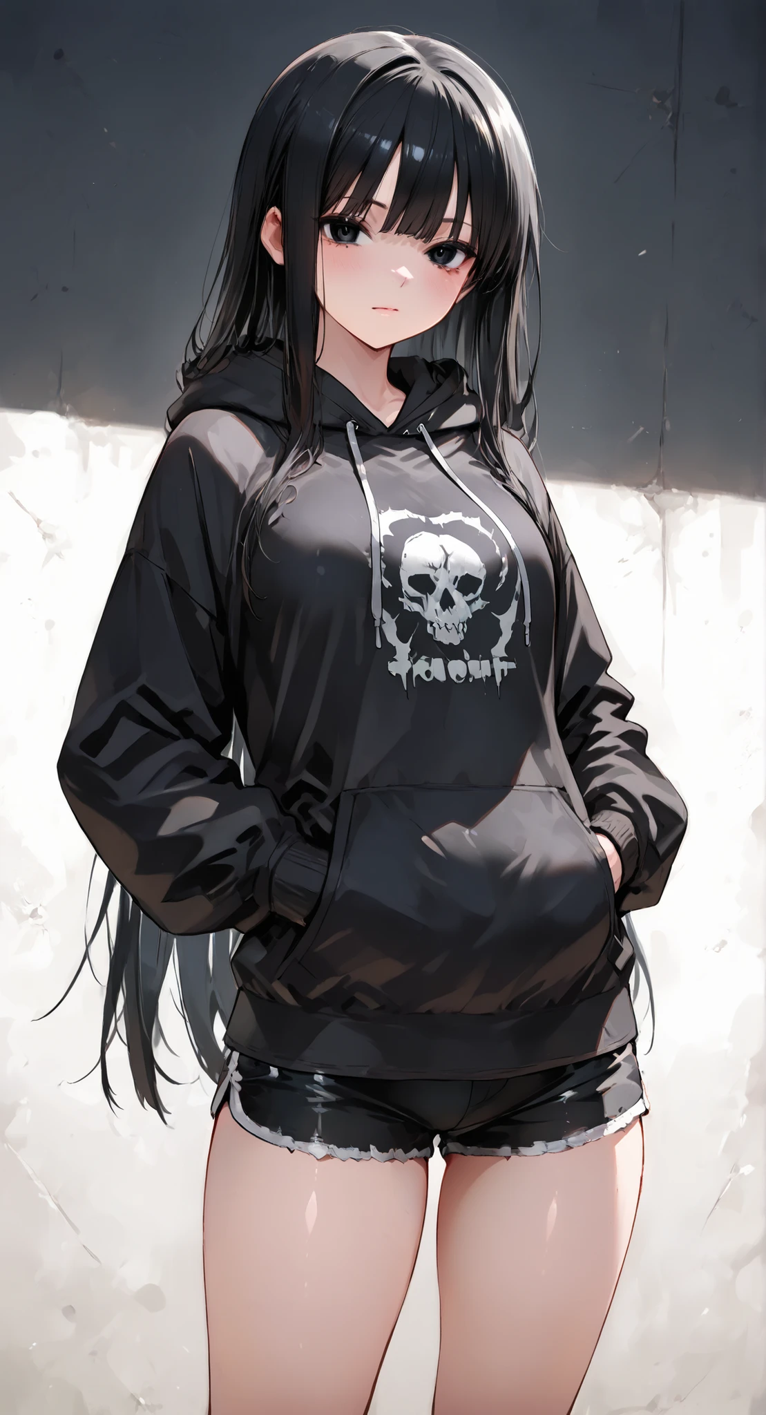 girl, long black hair, black blank hoodie, black shorts, black high thighs, black eyes