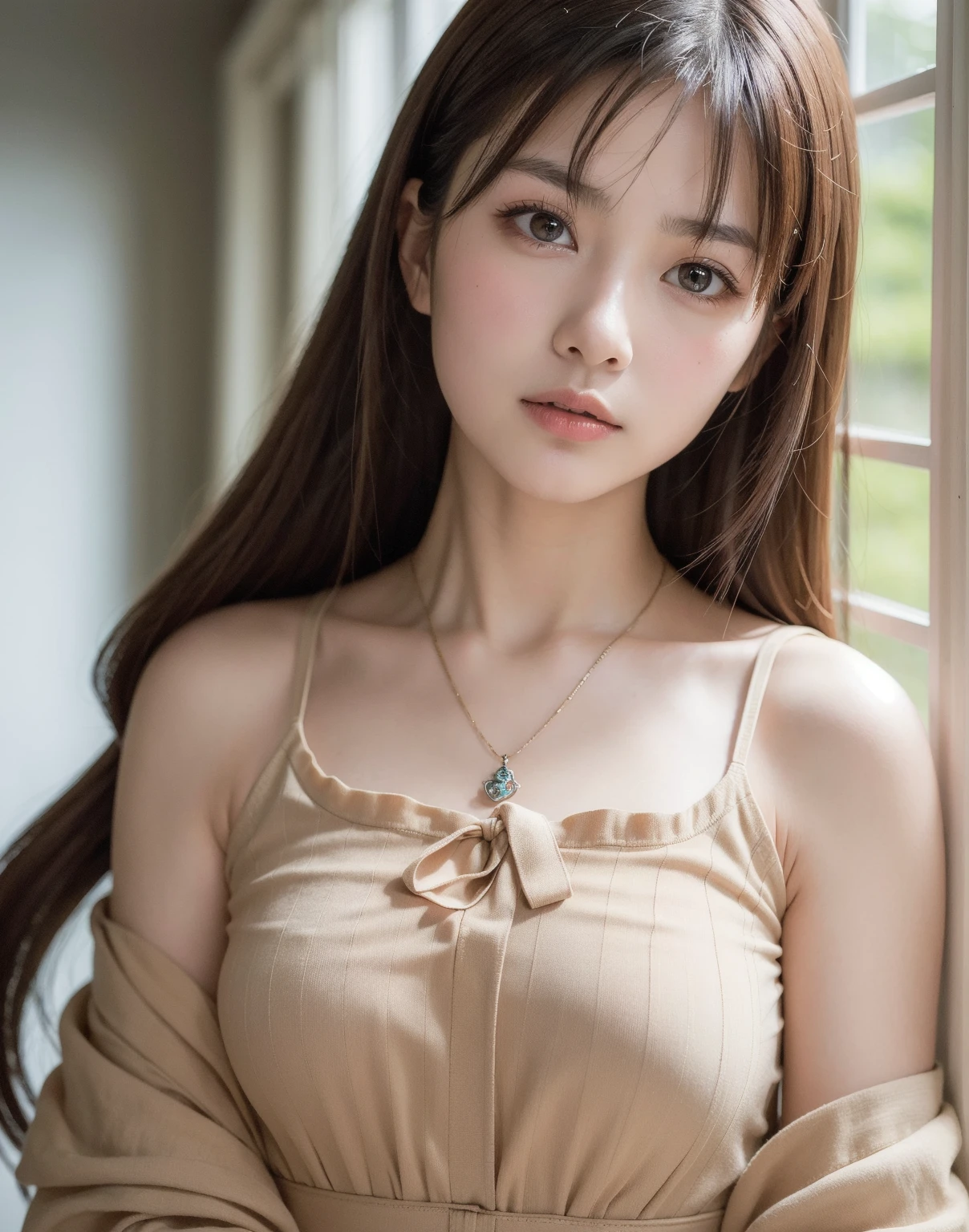 (From  above:1.4)、((1girl in)),Light Brown Fringe Hair、Braided hair、disheveled hair、Light brown eyes、(dignified expression)、((Casual summer clothes))、(:1.4)、Emphasize the valley、fittingroom、(Photorealsitic)、(intricate detailes:1.2)、(​masterpiece、:1.3)、(top-quality:1.4)、(超A high resolution:1.2)、超A high resolution、(A detailed eye)、(detailed  features)、( hold:1.4)