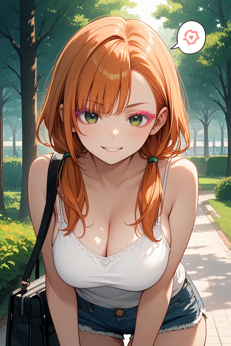 (masterpiece), best quality, expressive eyes, perfect face, 1girl, solo, tomboy, mature female, large breasts, Cleavage, orange hair BREAK hair buns, white tank top BREAK shorts smile, standing, blue eyes BREAK flower garden, blue sky BREAK green hills BREAK grass 