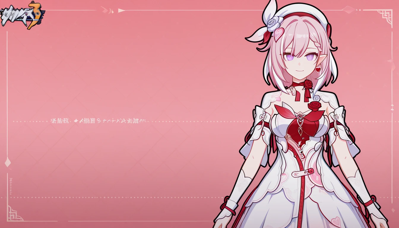 ((guilty gear)), ((abstract background)), (symmetric, highres, absurdres, novel illustration, promotional art, game cg, exceptional, best aesthetic, best quality, masterpiece, extremely detailed:1.0), solo elphelt valentine, blue eyes, pink hair, short hair, rabbit ears, large breasts, bridal veil, spiked hairband, juliet sleeves, wedding dress, white dress, red gloves, clover, shoulder spikes, red belt, red ribbon, <lora:elphelt valentine (xrd sign):1>