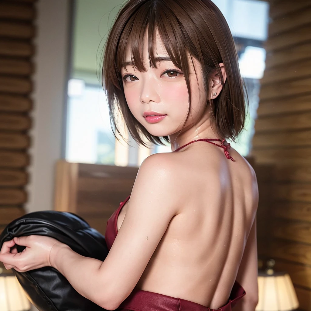 (masterpiece:1.2), Very detailed, Ultra-high resolution, (Realistic, photo Realistic:1.6), High-resolution RAW color photos, Professional photos, Sharp focus:1.2, (Very detailed顔と肌の質感, Very beautiful eyes, Glossのある肌, Glowing Skin, Glowing Skin, Shining Face, Gloss, Oily skin, greasy face, Oily skin, greasy face,), (real Glossのある肌 texture), Perfect Anatomy, Very detailed背景,(Bedroom at night),1 female,short hair, Straight hair, bangs, Brown Hair,((Flat Chest:1.55)),Slender legs, (((Gorgeous wine red luxury silk mini party dress))),(((She is taking her shoulder straps off.:1.5、Upper body naked:1.6))),((Wet sexy panties inside the dress))
