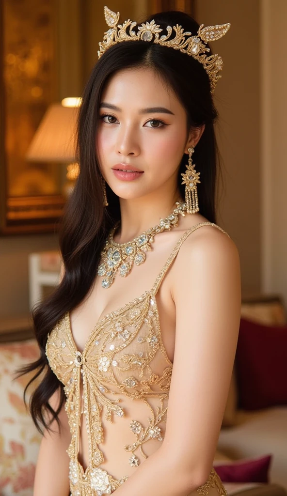1 girl,8k, masterpiece,Sitting on the edge of the bed, small Diamond necklace,gold and white sexy wedding dress,cleavage of the breast,Medium breasts,White skin glows,look at viewer,Close-Up Portrait,black long hair