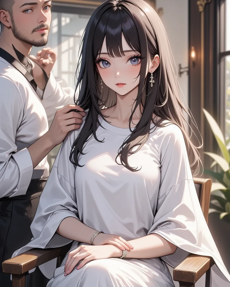 A girl with a leash around her neck, holding the leash with one hand. A boy is behind her, grabbing the leash with a rope in the other hand. They are both dressed casually but elegantly., in a discreet and modern environment. The scene has soft lighting that creates an intimate atmosphere, highlighting the connection between the two characters without being explicit. (Make it a discreet photo to share)