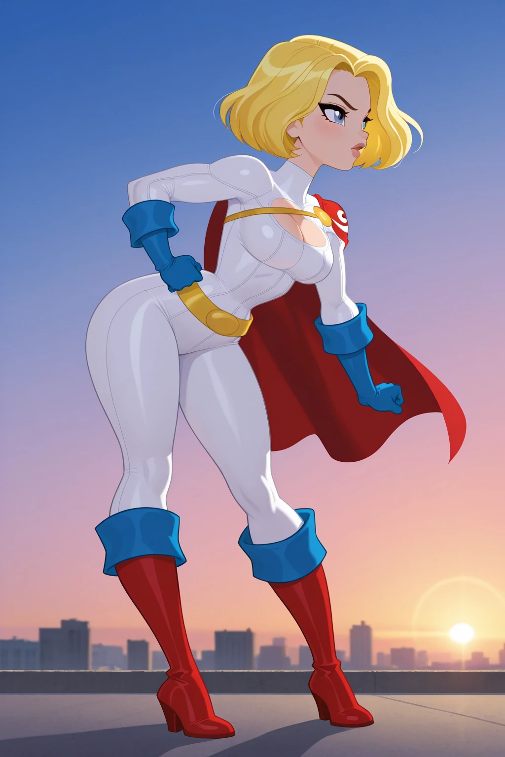 masterpiece,(masterpiece, top quality, best quality),supergirl solo, platinum blonde hair, belt, hand on hip, holding, large breasts, white bodysuit (supergirl insignia on chesr), choker, supergirl insignia white jumpsuit, simple background, looking at viewer, smile, bodysuit, medium short hair, cowboy shot, bangs, standing, lips, closed mouth, brown eyes, medium hair, center opening, 