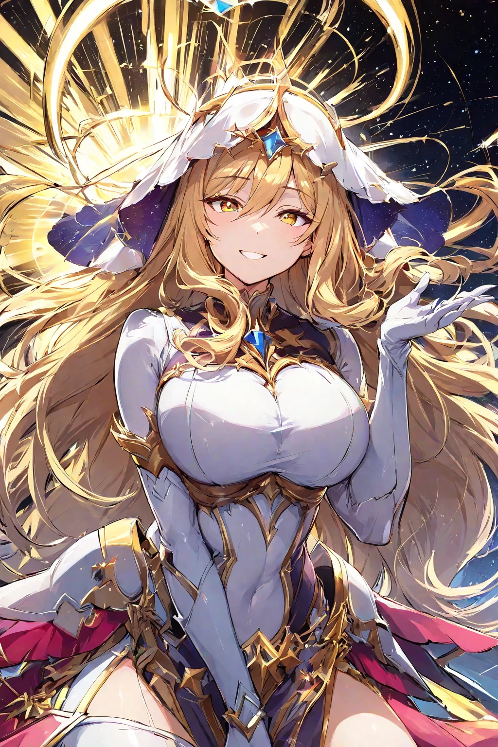 Lian, long blond hair, hair stick, bangs, blue eyes, solo, smiling, standing, upper body, hips, bare shoulders,purple thighhighs, white dress, gold jewelry,armor,gloves,circlet, cleavage, red and gold royal castle, gigantic breasts, (best quality, masterpiece, beautiful and aesthetic:1.2, highest detailed face, perfect face,) eyes, perfect face,expressive eyes,
looking at viewer, in the center of the image,(Upper_body),(Focus on her face),
official art,extremely detailed CG unity 8k wallpaper, perfect lighting,Colorful, Bright_Front_face_Lighting,shiny skin,
(masterpiece:1.0),(best_quality:1.0), ultra high res,4K,ultra-detailed