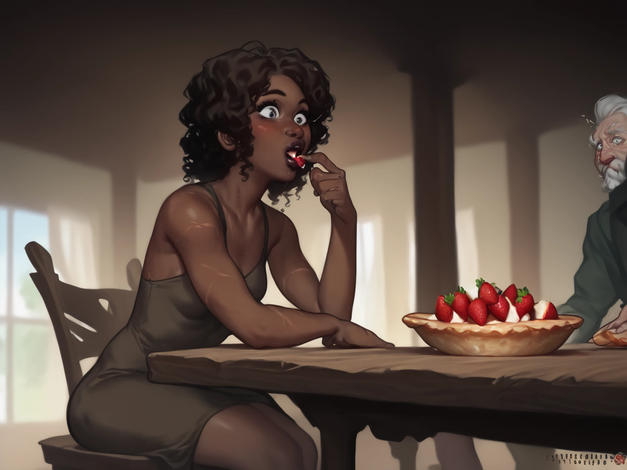 Dark skinned female, small breasts woman, black with long curly hair, thin, wearing a brown dress, scars on the body, old dress, sitting, rustic wooden table, surprised expression, sitting in a chair near a wooden table, she is eating a strawberry pie, her face flushed 