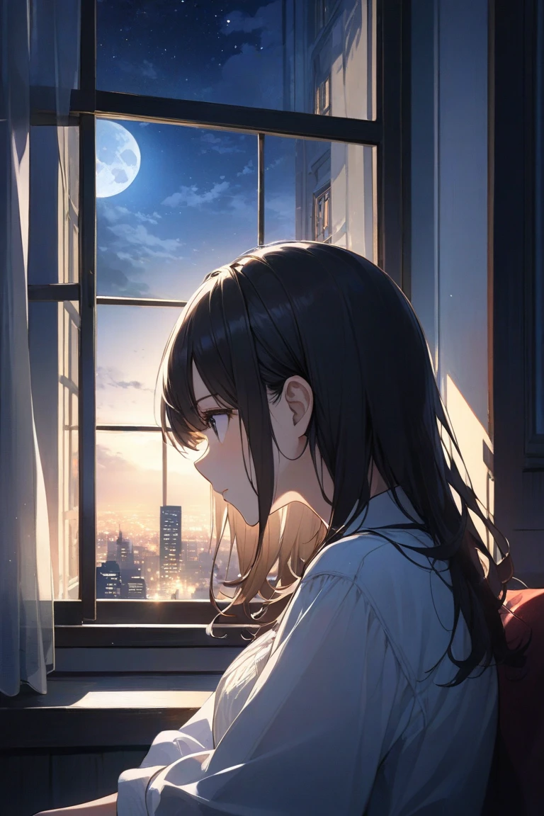 A woman sitting on a roof looking at the sky - SeaArt AI