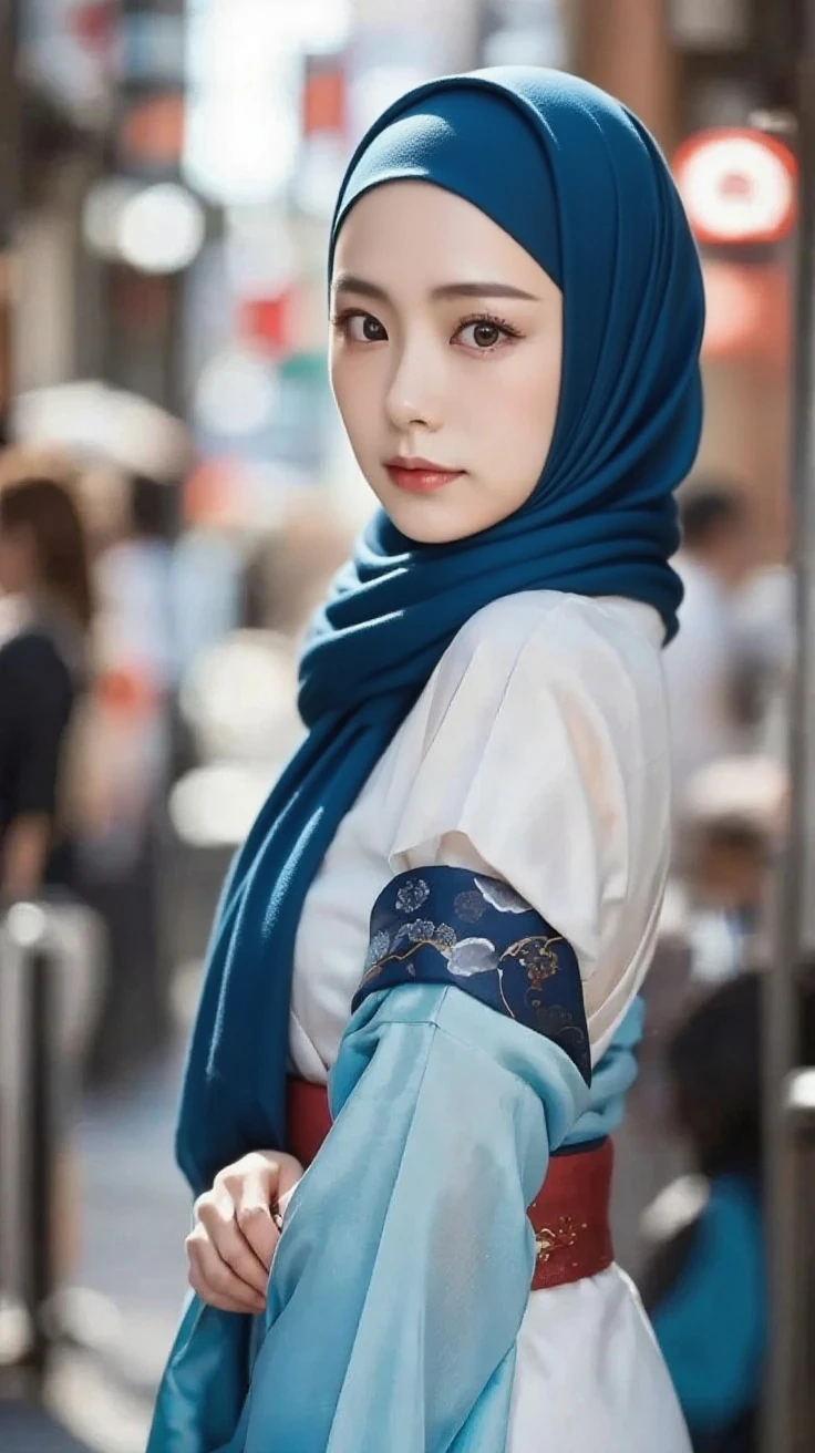 Best quality, 4K picture quality, 1 malay girl in hijab, light blue Hanfu, snow, long hijab fluttering in the wind, healing smile, large aperture, blurred background, yellow mosque in background,
