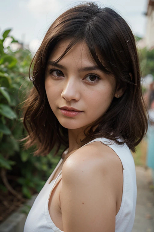 Photo d&#39;une femme brune de 20 ans, qui a un visage très naturel,  thin lips, yeux fins, sourcils fins, nez fin, des boucles d&#39;oreilles, long cils. She makes a joli selfie with a cup of coffee