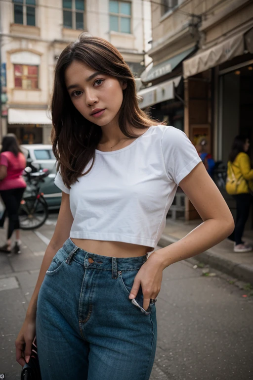 1girl, cute, smiling, short black hair, wind blown messy hair,  blue eyes, wearing plain white shirt, no bra under shirt, city, ahigh res, ultrasharp, 8K, masterpiece, looking at viewer, lifts skirt, she  not wearing underwear,