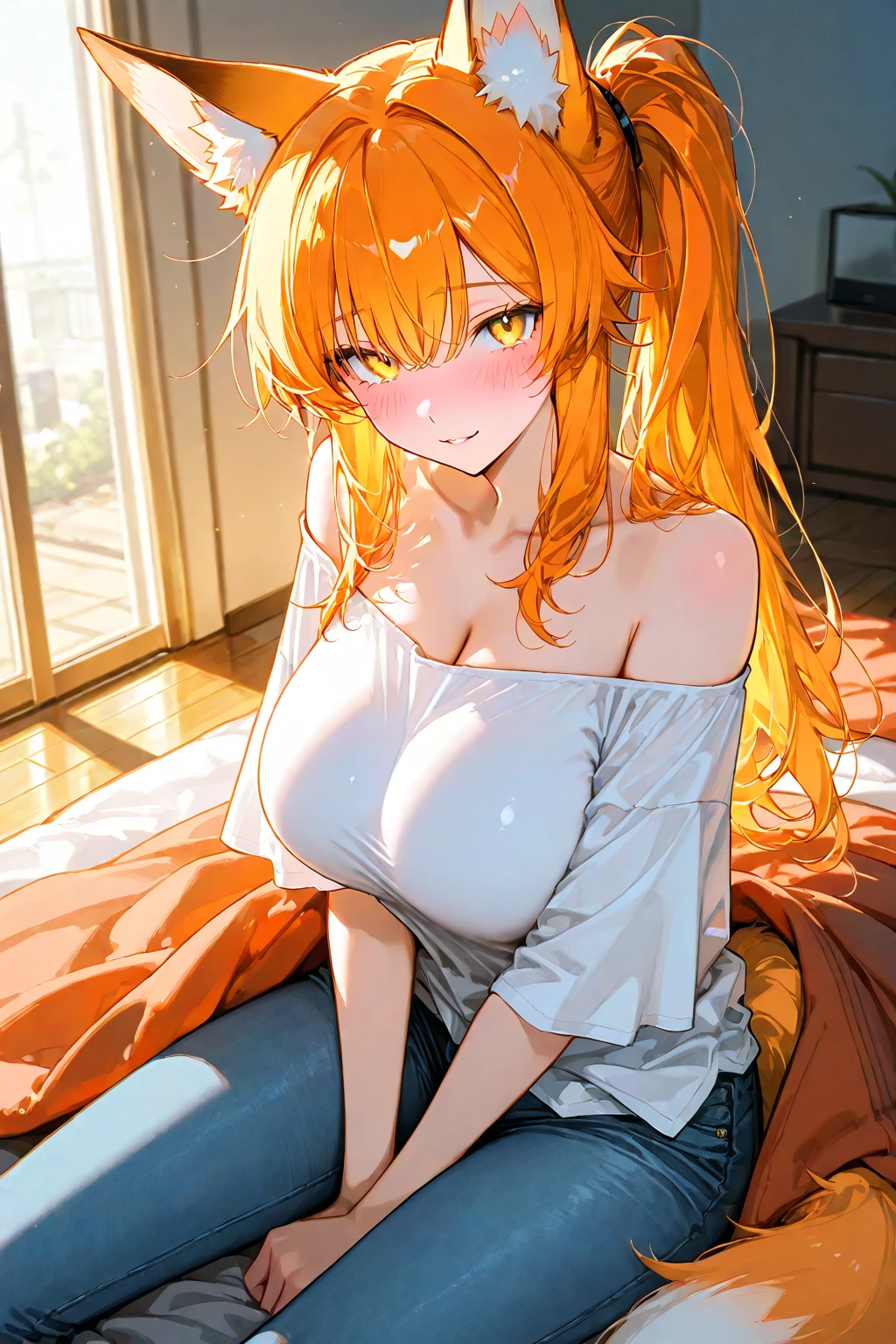 1girl, anime girl, anime, (dark skin), stylish girl, 2d girl, 18y, (fullbody), in bed, anime girl, seductive smile, (orange hair), ((white blouse)), Solo, Slim, Big Breasts, Tight Shorts, low waist shorts, upshorts, sitting on the bed, night background through the window, looking at viewer, (((spread legs))), (((Wedgie))), (((shorts))), (((absurdres))), (((thigh gap))), (((cameltoe))), (((lowleg shorts))),