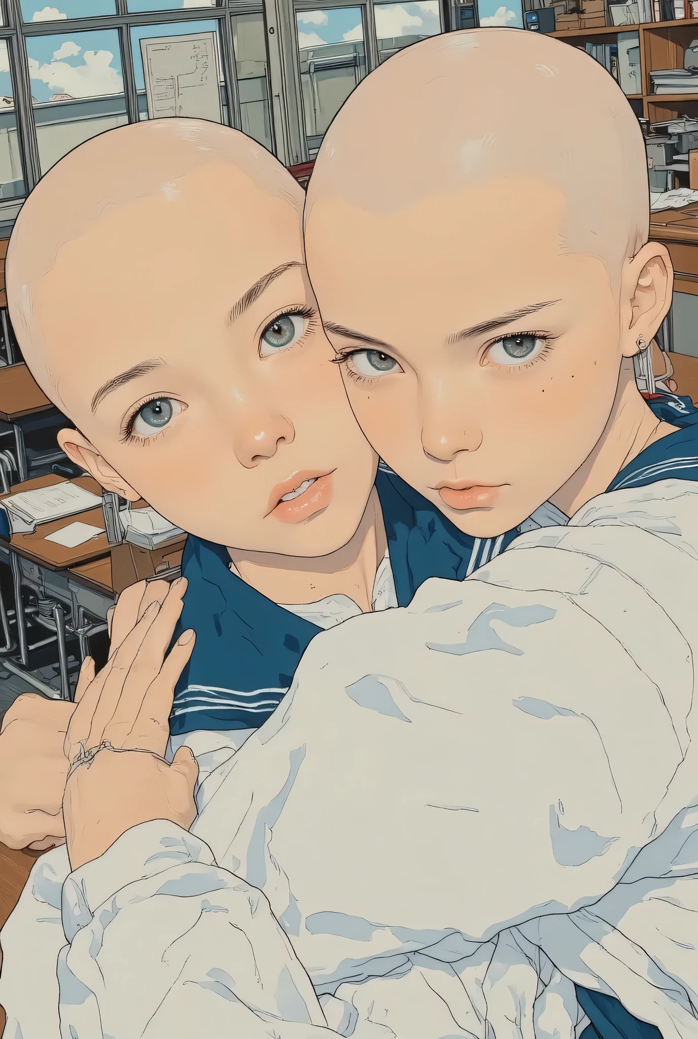 Realistic, photogenic illustrations of two beautiful women, photogenic illustrations of two beautiful women. high school girls hugging each other、wearing sailor uniforms、(((they are both bald))), My head is shining、high school classroom background、Their eyes、staring at the viewer with hunger and desire. The illustration is、are depicted with film-like granularity and delicate structure.
