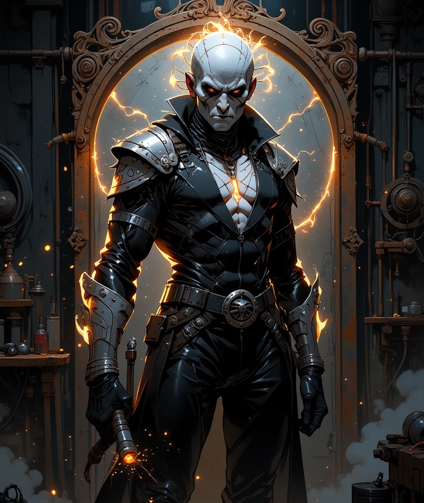 Arcangel Miguel en batalla contra Lucifer tirado en el piso en Style-RustMagic, armadura del Angel en cromo, implantes, Skull of Lucifer with horns, (atmosfera oscura: 1.2), (niebla y humo), (noche oscura: 1.3 ), cicatrices, (cabello oscuro despeinado de longitud media: 1.1), (sombra de ojos: 1.1), (resplandor bellamente detallado: 1.2), (cinematography lighting), detalles intrincados, alta resolução, ojos redondeados, rasgos faciales detallados, sharpen focus, suave, esthetic, Detailed dark industrial factory background, pose elegante, dynamic pose, (dramapaint), (opt-6000:0.9)