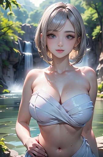 #Basics A girl is posing for a photo, animeのかわいい女の子, (((One Girl, Baby Face, Young girl, 16 years old))), 
BREAK 

#Clothing Accessories 
((A white bath towel is wrapped around her body from under her arms to her lower body., A bath towel that fits snugly to the body, Naked upper body)), 
BREAK 

#Features 
(Silver Hair), (Chest-length sideburns), (ponytail : Short Hair + Thin hair tied up + Straight hair),  
(Droopy eyes, blue eyes), (Small breasts),  
BREAK 

#background environment 
((night, full moon, hot spring + Open-air bath + Cloudy water, 山にあるhot spring宿)), 
#Facial Expression Pose
((Big happy smile + Mouth wide open + Teeth are visible), (Shoulder-deep in hot water, Covering her chest with her arms)), 
#composition 
((Face the camera, Angle from the front)),  
BREAK 

#Body parts elements 
(Detailed hair, Beautiful Hair, Shiny Hair), 
(double eyelid, Long eyelashes), 
(Expression of fine eyes, Beautiful and delicate eyes, Sparkling eyes, Eye Reflexes, Glitter Eyeliner), 
(Human Ear), 
(Beautiful Nose, Thin Nose), 
(Glossy lips, Beautiful Lips, Thick lips, Glossy Lips, Natural Cheeks), 
(Detailed face, Symmetrical facial features), 
(Detailed skin, Textured skin, Beautiful Skin, Shiny skin), 
BREAK 

#Quality 
(((Highest quality)), ((masterpiece)), ((Very detailed))), ((High resolution), (16K,1080P)), 
(Realistic), (Anatomically correct), 
((comics, anime)), (3DCG), CG illustration,
