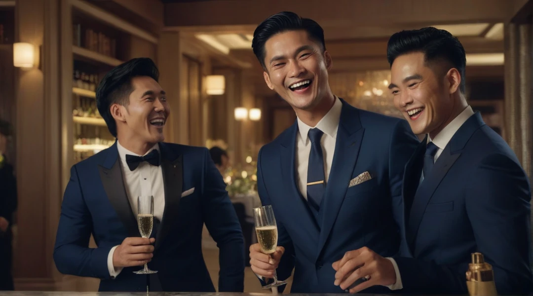 A stunningly handsome white man, dressed in a very elegant suit stands inside of an upscale bar at night. He smiles slightly, extremely confident. He stands amount a group of young female adolescents. The adolescents are dressed in bikinis, smiling brightly while trying to gain the attention of the man.