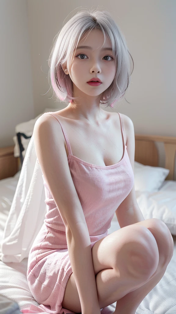 8k, highest quality, pieces fly:1.2), (realistic:1.4), RAW photo, highest quality, ultra high resolution　Beautiful woman　beautiful butt　　huge breastsの谷間　thin eyebrows　on the bed　(huge breasts:1.2) 　silver hair　silver blonde　gray hair　 Pink clothes that make your body line look beautiful　pink see-through off-shoulder knit　Japanese　sexy　2 limbs　close both eyes　open your legs　white see-through mini skirt　white see-through shorts　sleep on your side　sleep on your stomach　sleep on your back　alone　short back　emphasize the buttocks