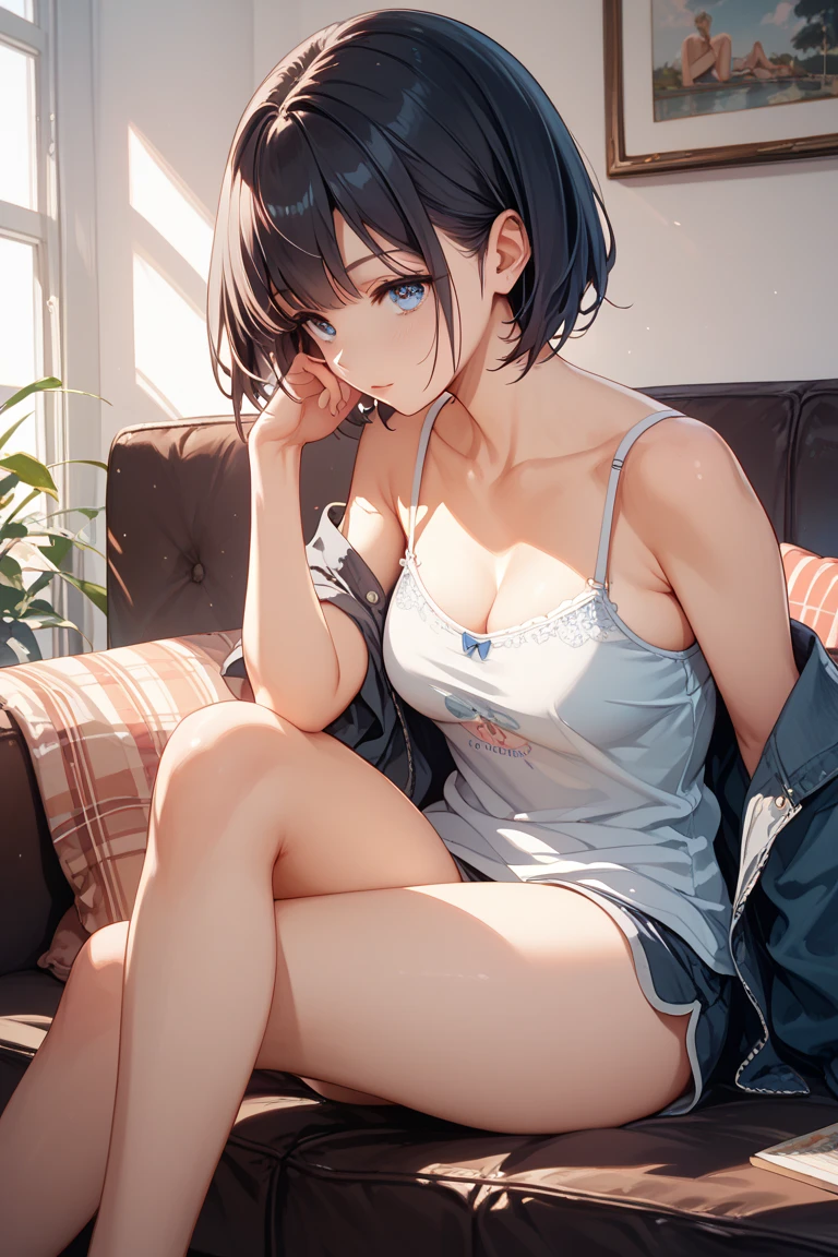 (perfect ???????:1.2)(absurdres, highres, ultra detailed),masterpiece,best quality,high resolution,8k,Realistic face,Realistic skin texture,magnified textures, stunning clarity,detailed anime girl,(ultra detailed eyes and face),(1 girl:1.5)21years old,she is office worker,black hair, bob cut,no-makeup look,Loose-fitting short pants loungewear,black satin good,wariza,Blue eyes,sparkling eyes,small nose,roundface,Women's Apartments in suburb,2:00 P.M.(buzzer),(too hot),(sweat),The expression of suffering from the heat,Foliage plant,Sitting right in front of the fan,Outside the window, the sky is blue and there are cumulonimbus clouds