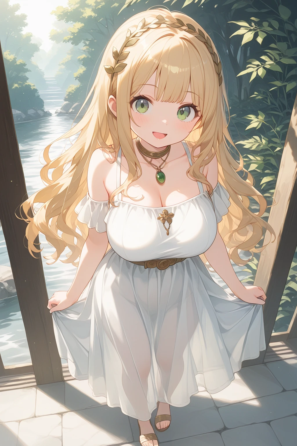 (Ultra-high quality,An unrivalled masterpiece:1.4)Best Illustration(Extreme Light and Shadow)Pixel Perfect,Ultra-fine CG 4K,(Ultra-fine, clear and lifelike emerald eyes:1.2),Gorgeous round and delicate face(plump:1.4)Elf(:1.8)(Long fluffy blonde hair: 1.4),(Bangs, Side lock:1.2)Tempting(Exquisite white dress:1.3)(Zelda)(Celestine Lucullus: 1.2)(Solitary:1.4)(1 Girl: 0.5)(For the audience:1.2)(Put your hands behind your back:1.2)(Cowboy shooting:1.2)(from above:1.1),Skin Indentation(Curvy beauty:1.4)(Curvy beauty:1.4)(Bimbo: 1.4)(Normal waist circumference: 1.2)(thick lips: 1.3)Small nose(A faint smile: 1.2)rock,Trees, plant,bushing,Color Grading