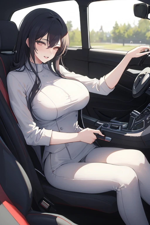 Girl, solo, Full Body, sitted, Long hair, white hair, Yellow eyes, scared face, eyes almost closed big breasts, large breasts, giant breast big Butt, white Button shirt, two buttons popped out, exposing your one hand on your chest, exposing your other one hand on your legs, in the car passagem seat