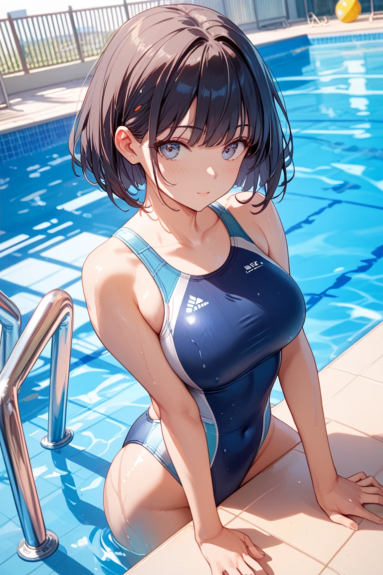 official art,(masterpiece:1.5),(very accurate details,ultra high resolution:1.5),(High-definition CG Unity 8K:1.5),(Slender:1.5),(View from below:1.5),perfect lighting,(vivid color:1.4),(Bright Front face Illuminating:1.3),(oblong face:1.5),(Slanted eyes:1.4),(Strong personality:1.4),(Makoto Niijima:1.5),(perfect female body:1.4),(spread your legs:1.0),(short hair:1.5),(sharp:1.4),(curve,model,Glamour:1.5),(large breasts:1.4),(wet swim suit),(realistic, 超realistic:1.5),(beautiful hands of a woman:1.4),(Aesthetic Anime Eyes:1.4),back,(Poolside:1.4),(beautiful breasts,perfect breasts,appealing breasts,Round chest of drawers:1.2),(Broke up_lips:1.4),(26 years old:1.4),(navy blue school swimsuit:1.4),Are standing,(leaning forward),(enchanting smile:1.4),(shaggy cut:1.5),(curl outward:1.5),(curly hairstyle,outside hairstyle:1.4),(flipped hair:1.4),(Braided headband:1.5),BREAK,red eyes,(black haired:1.4),clean ears,(Broke up bangs:1.3),looking at me,(short hair:1.4),
Anime girl wearing a one-piece swimsuit, surreal , 美しいアニメのhigh school girl, seductive anime girl, high school girl, small details, marin kitagawa fanart, cute , attractive anime girl,(short hair:1.4),