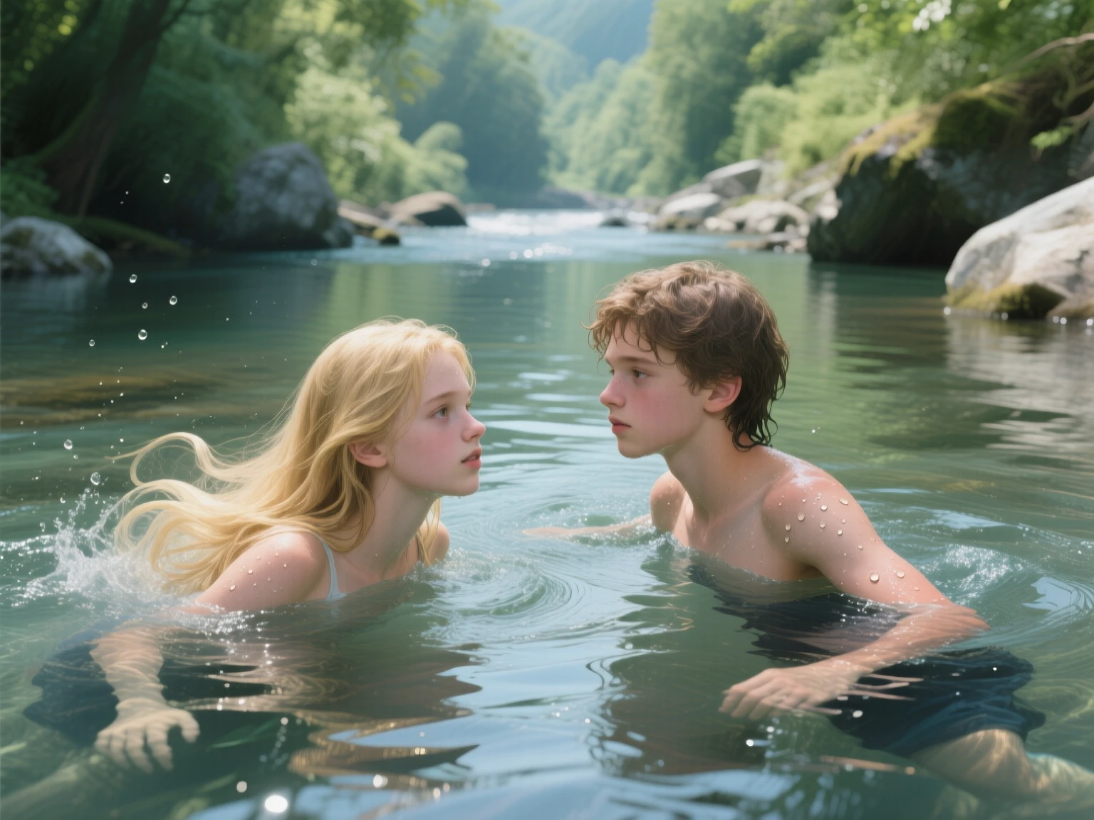 a young white man, a young white female, beautiful detailed eyes, beautiful detailed lips, floating hair, swimming underwater, underground cavern river, glowing vegetation, photorealistic, 8k, hyperrealistic, cinematic lighting, dramatic shadows, surreal, ethereal, dreamlike, fantasy, vibrant colors