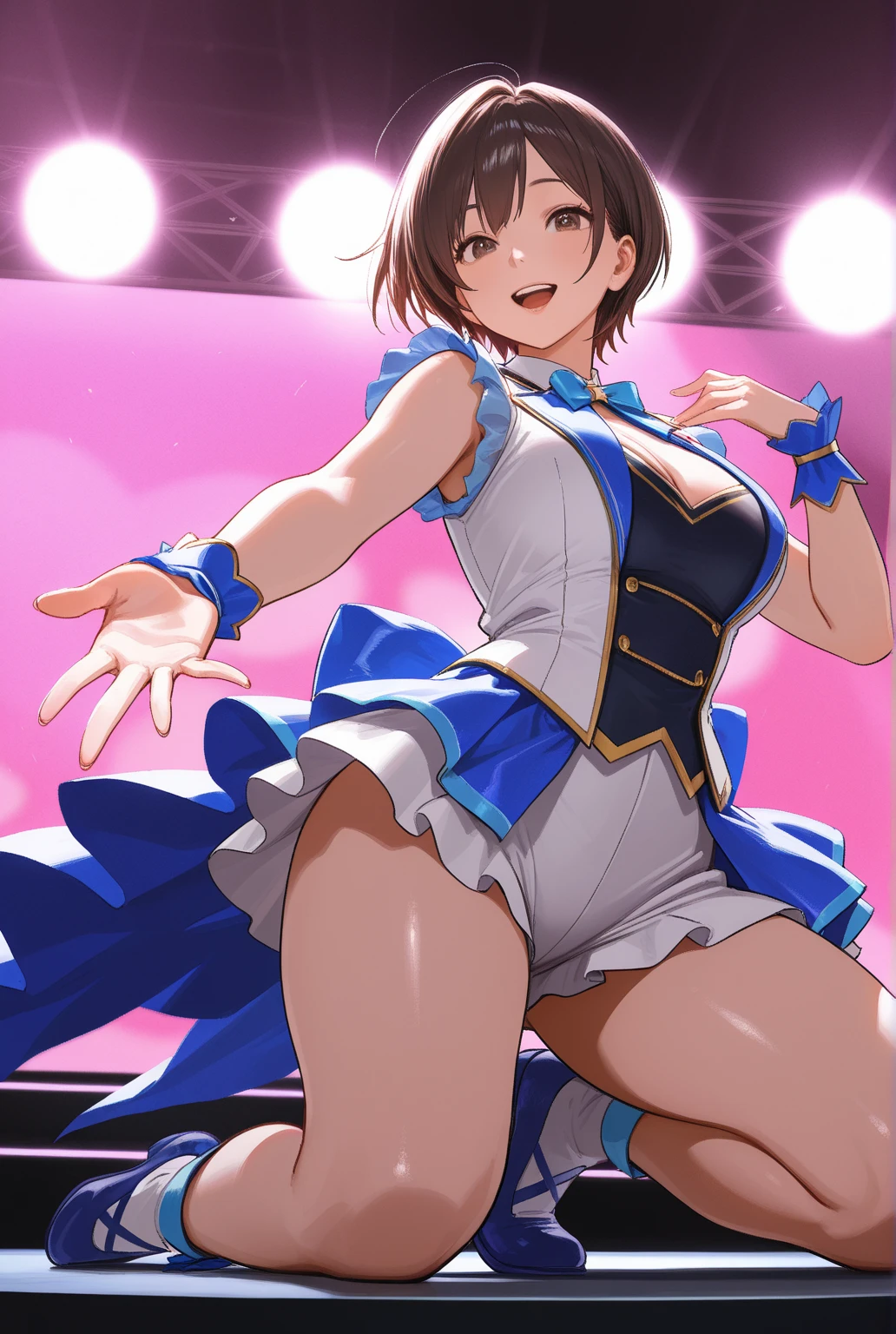 ((highest quality, 8K, idolmaster classic: 1.3, RAW photo)), sharp focus 1.1),Tenkai Haruka,alone, cute face, highly detailed face, green eyes、Brown Hair Bob,highlight,small smile, (Namco Pro,idol costume 1.5), concert hall, (Show pink lace panties:1.1), from the front, idol boots,whole body