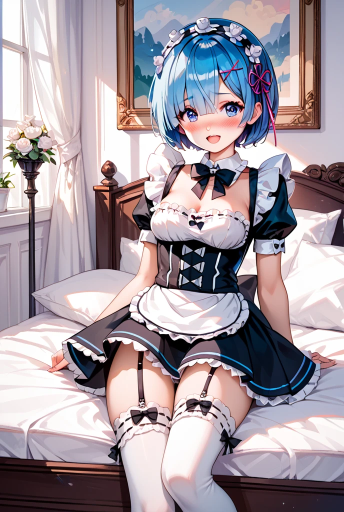 (masterpiece, best quality;1.3), ultra detailed, Looking at viewer, castle, lying on bed,smile, 
rem_re_zero, blue hair, short hair, maid uniform, hair ornament, cleavage, maid headdress, detached sleeves, ribbon  <lora:Rem_ReZero_v1_1:1>