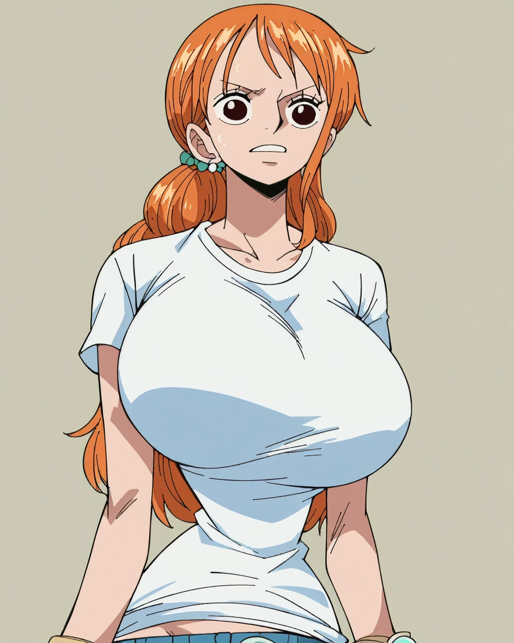 Nami,One piece,slicked high Top knot bun hairstyle,Big breast,vertical earring,((Thin orange leopard print tight short sleeve shirt with cleavage)),open navel,Lowrise white jeans ,((diamond Wedding ring)),Orange hair,short pixie hair,Absalom wife,Necklace,Hoop bracelet,((Long nai)),Wide hips,gaze in viewer,Fullbody view,Solo,half eyes expression,Spouty lips,Mature,needy gesture,((glossy light Tanned skin)),light blush,soft expression,Skindentation,Mature,Lipstic,((eyeshadow)),1hand in hip,Jewelry rings,Thick thights,Strawhat ship background,Milf,Mother,Thick lips,Bare neck,Blunt bang hair