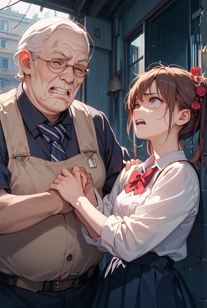 An ugly middle-aged man stroking the head of a crying 、Girl with pink hair、blue eyes、Twin Drill