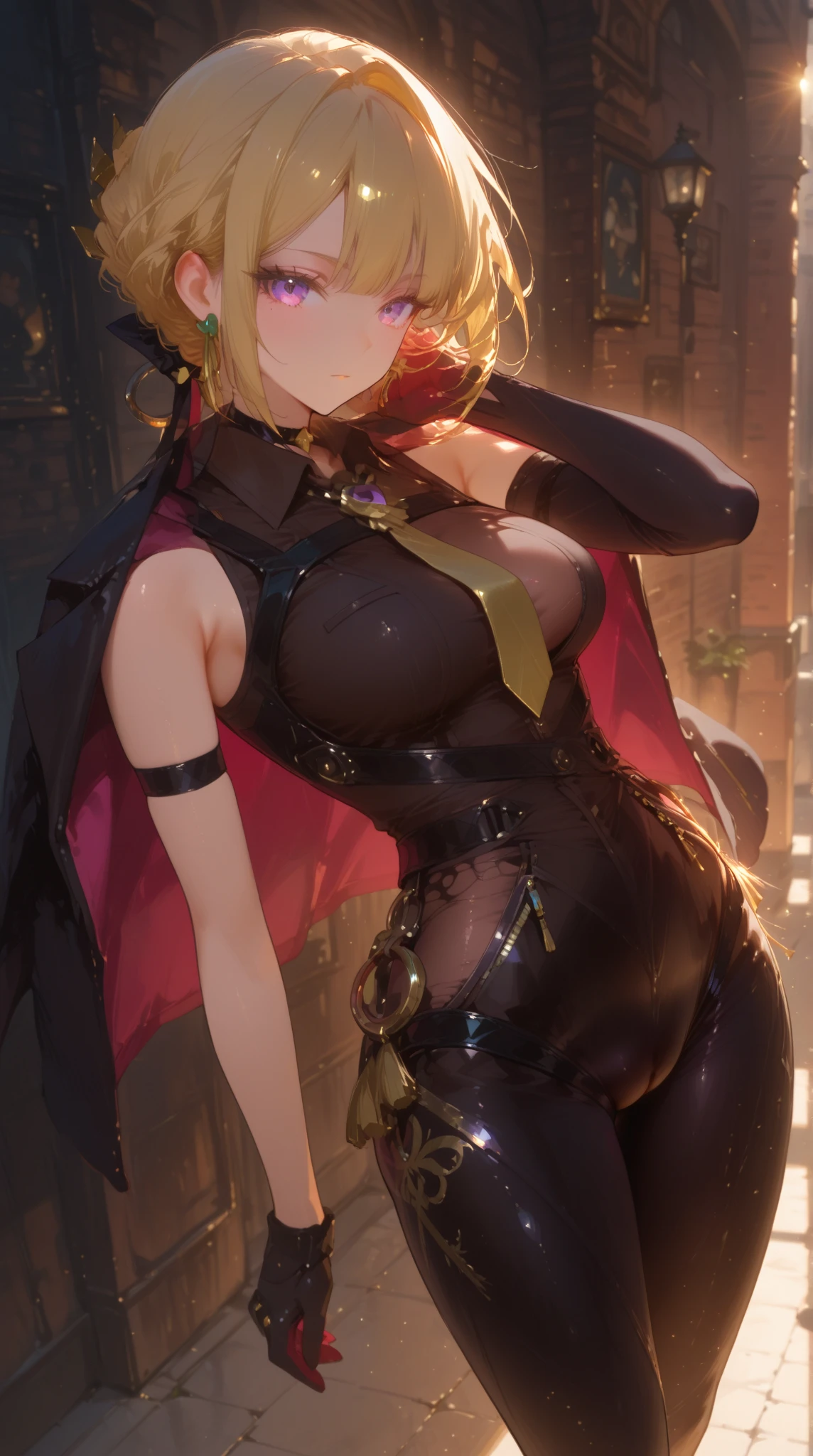 incantation、black leotard、Beautiful female magician、blonde updo、((whole body))、(((photo taken from below)))、The background is a magic circle、darkness