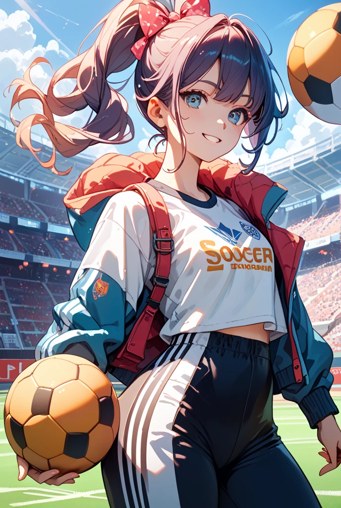 Black anime girl, black hair tied up, wearing blue and red and white soccer kit, wearing soccer boots, on the stadium, kicking ball, nike soccer kit, blue, long tied hair