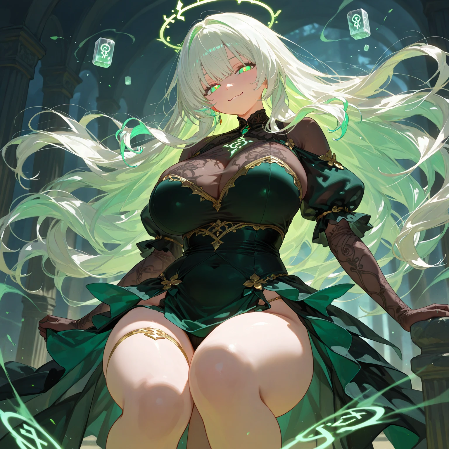 ((highest quality)),High resolution,Sharp focus,(Super detailed,Very detailed),
(Very detailed CG unity 8k wallpaper),(((Vibrant colors))),Anime Style,
Natural skin texture 鮮明な詳細, (Realistic eyes, Natural skin texture, Realistic facial details),
1 girl, Beautiful and elaborate face, Perfect Eyes,((Silver Hair)),Long Hair,Echidna, Deep purple eyes, 
Butterfly Hair Ornament, (Colored eyelashes:1.1), eye shadow,Red pink lips,Big and ample breasts,Camel Toe 
(Flying debris, 超High resolution),(((Black and Green Theme))),Wear an iridescent aura,
Invisible Light, Amazing shine, Neon green glow, The colors of another world,
Bright colors, Ghostly Effects,Surreal Landscape,
Arrogant look, Domineering smile,wearing black side-tie bikini,Put your hand on your cheek,Sit on a chair,Lean back,Large library,The library was lit by candles,The floor is full of books piled up, 
In the background is a large round window depicting a galaxy with constellations.,Cinematic Light. Soft lighting, View from below,