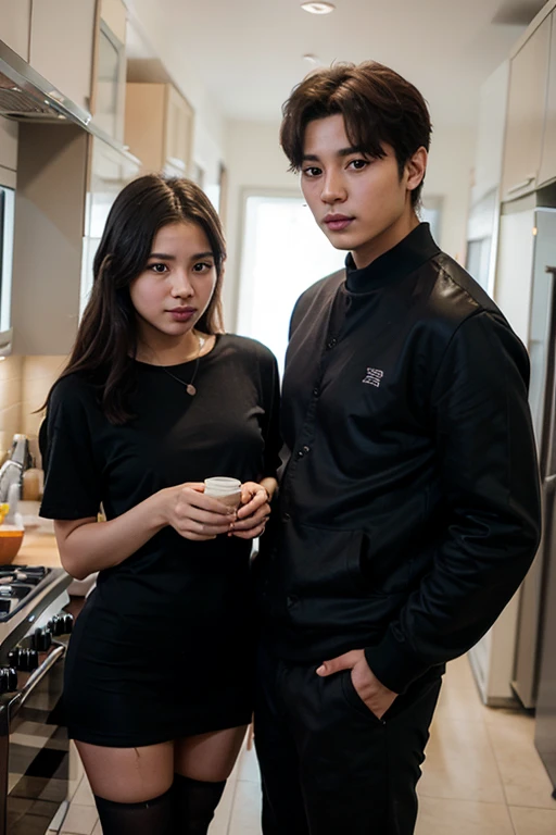 Two male models stand to the sides of a petite small female model with medium-long vibrant maroon wavy hair, pale skin, wearing a blue silk blouse and white pants. One male is 190 cm tall, 2, with short black bowl cut wavy hair, side swept bangs, wearing a dark red dress shirt and black pants, with Chinese-Korean features. The other shorter male is 181 cm tall, has short platinum blond hair, side swept bangs, light skin, wearing a gothic punk outfit, with German-Icelandic features. She is as tall as his eyeline. The three of them are talking inside a modern black kitchen with some French inspiration. Cinematic shot.