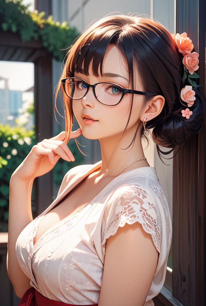 Only one european woman, 30 years old, There's an adult woman in a park, wearing Spring Dress, Glasses, Dark Hair, Red Lips, Shadow eye, Slutty Makeup, Ponytails, beautiful chest, Big boobs, Clivage, Second life avatar, Beautiful screenshot, Second life, Front view, seductive woman, high quality, Very detailed skin,