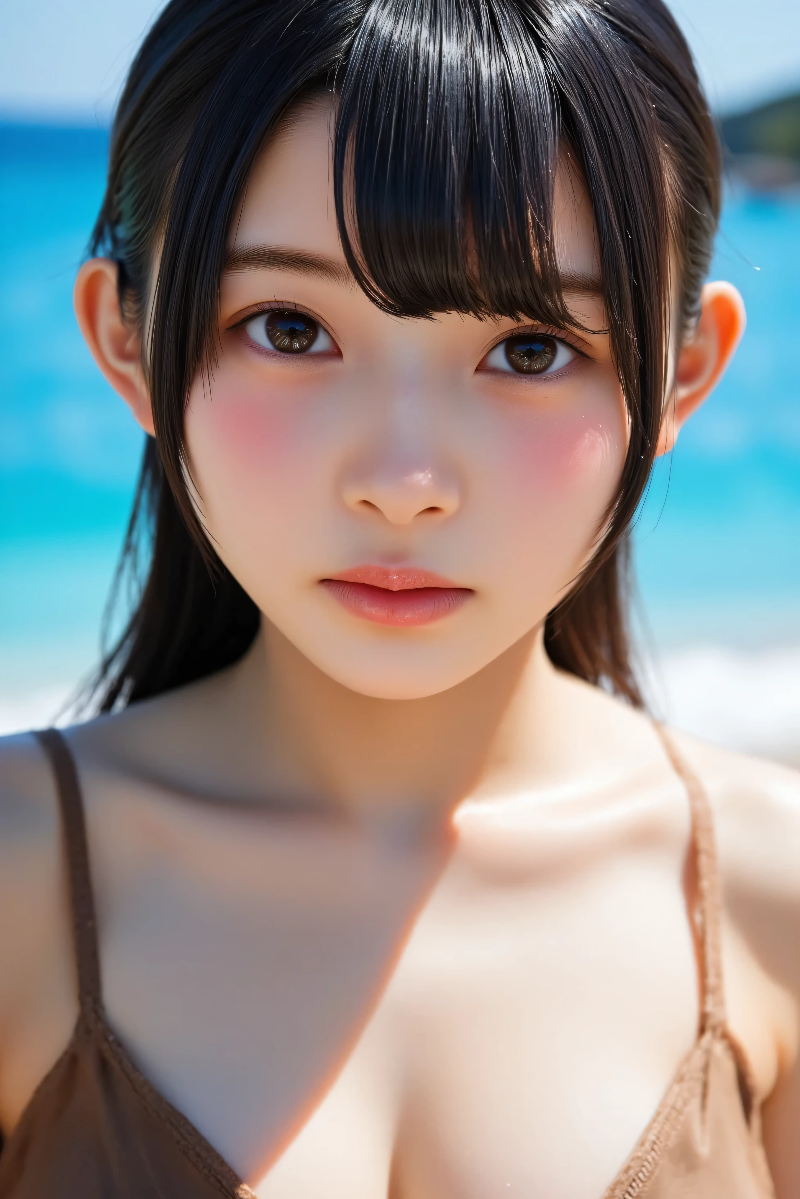 Highest quality, (beautiful)、Micro Bikini、Larger breasts、Brown Hair、looking at the camera、Beach、Sleeping on your stomach、Close-up、Put your hands on your cheeks、