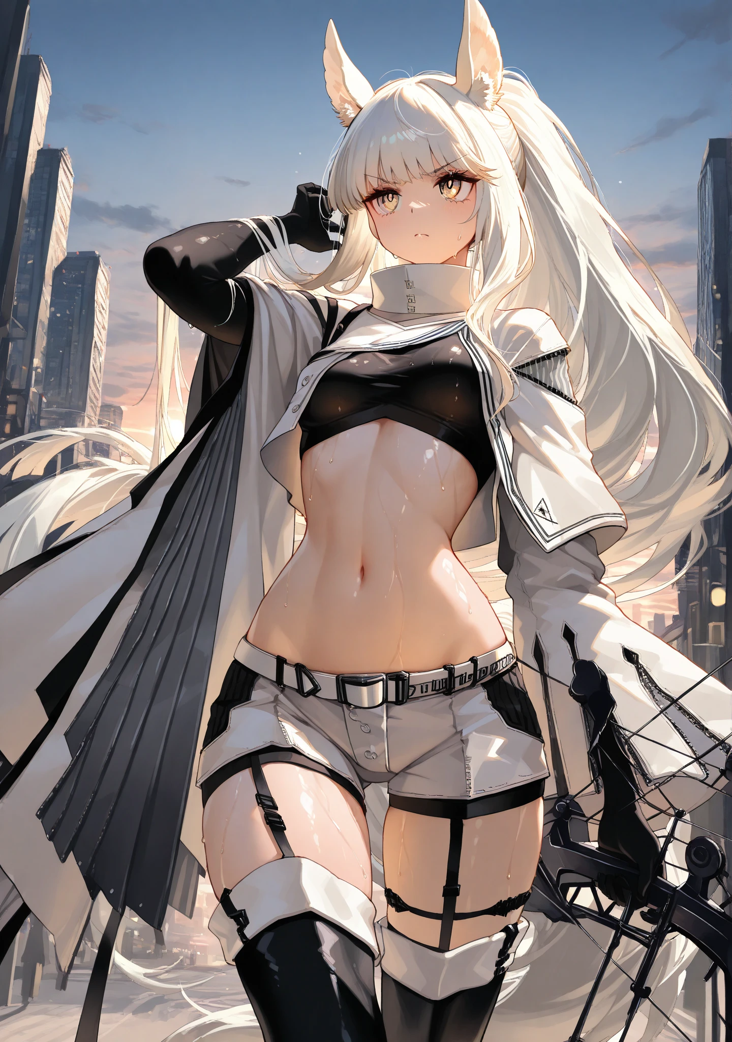 young girl, Long white hair, cat ears, violet eyes, leather jacket, briefs, tear stockings, Black Top, open belly, Lots of scars, claws, anger, Masterpiece, hiquality