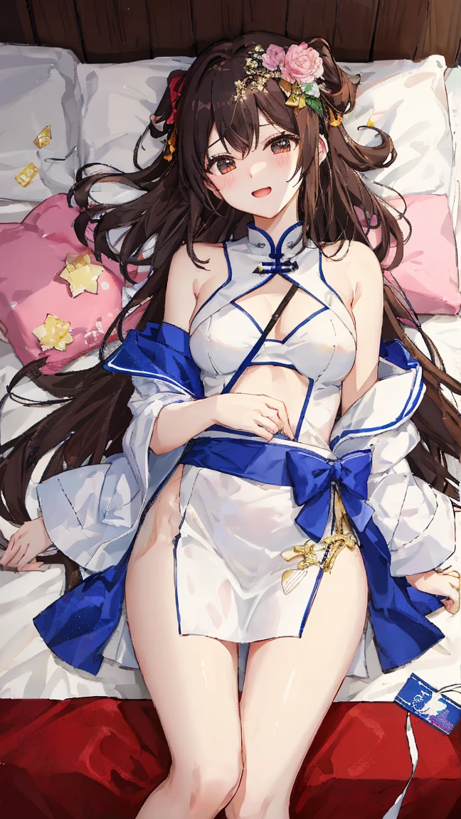 Primary school students、child、Long Hair、((Small breasts、Small breasts、体型、8-year-old))、Blue ribbon、((Close your eyes and sleep、Looks like he's in pain、Bandage the body、Draw the whole body、Show your side、Young crotch))、((Full nudity、Lying face up、Spread your hands and legs))、Lie down in bed、Seriously injured、Spread your legs wide、Grit your teeth、Hospitalized