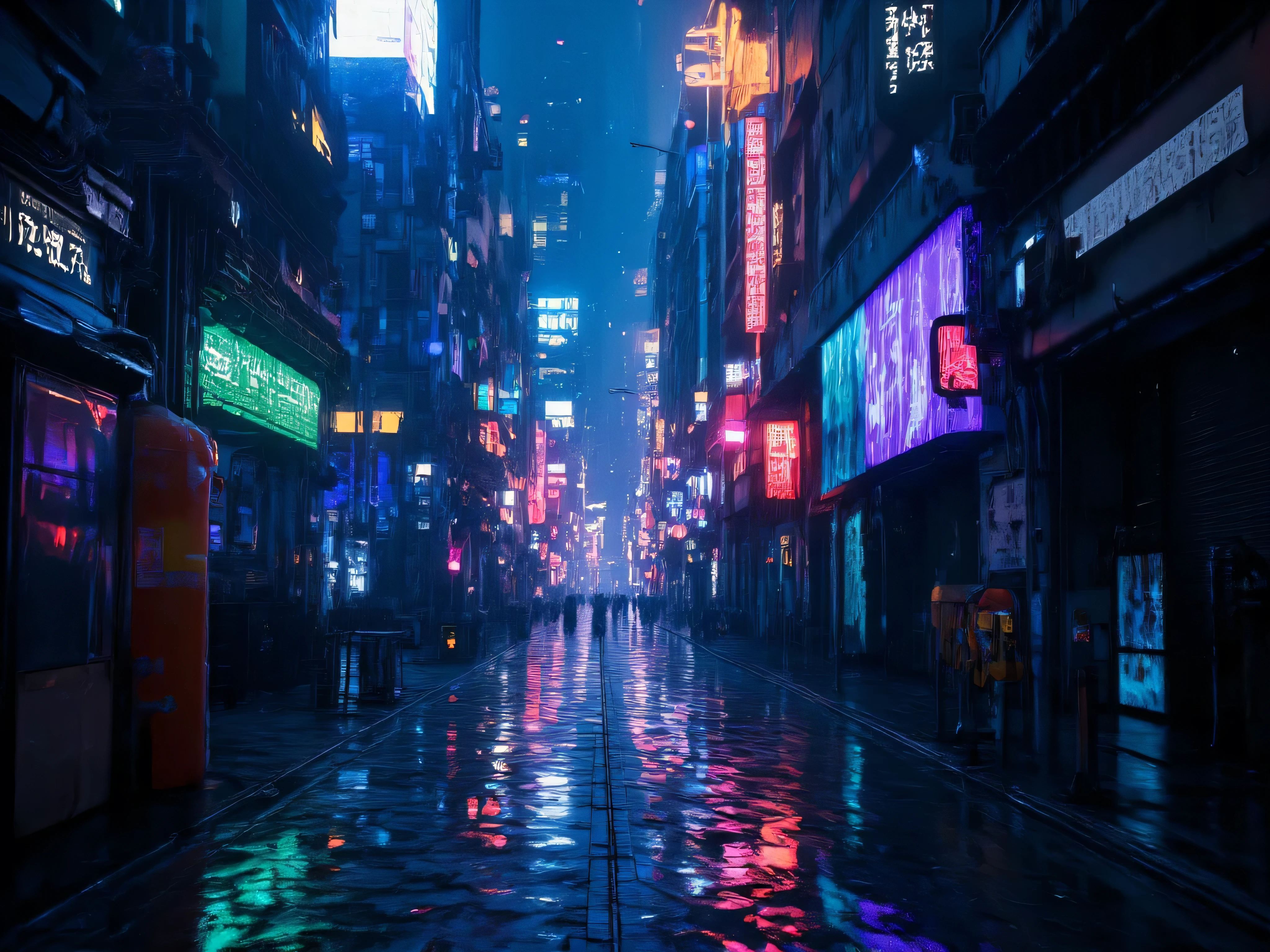 cyberpunk style,((High angle,Overview, night, Neon sign)), cinematic rainy cyberpunk city street at night, neon signs glowing, wet asphalt reflecting lights, soft rain falling, ambient mist, futuristic buildings, moody atmosphere, 4K, slow camera pan, ultra realistic