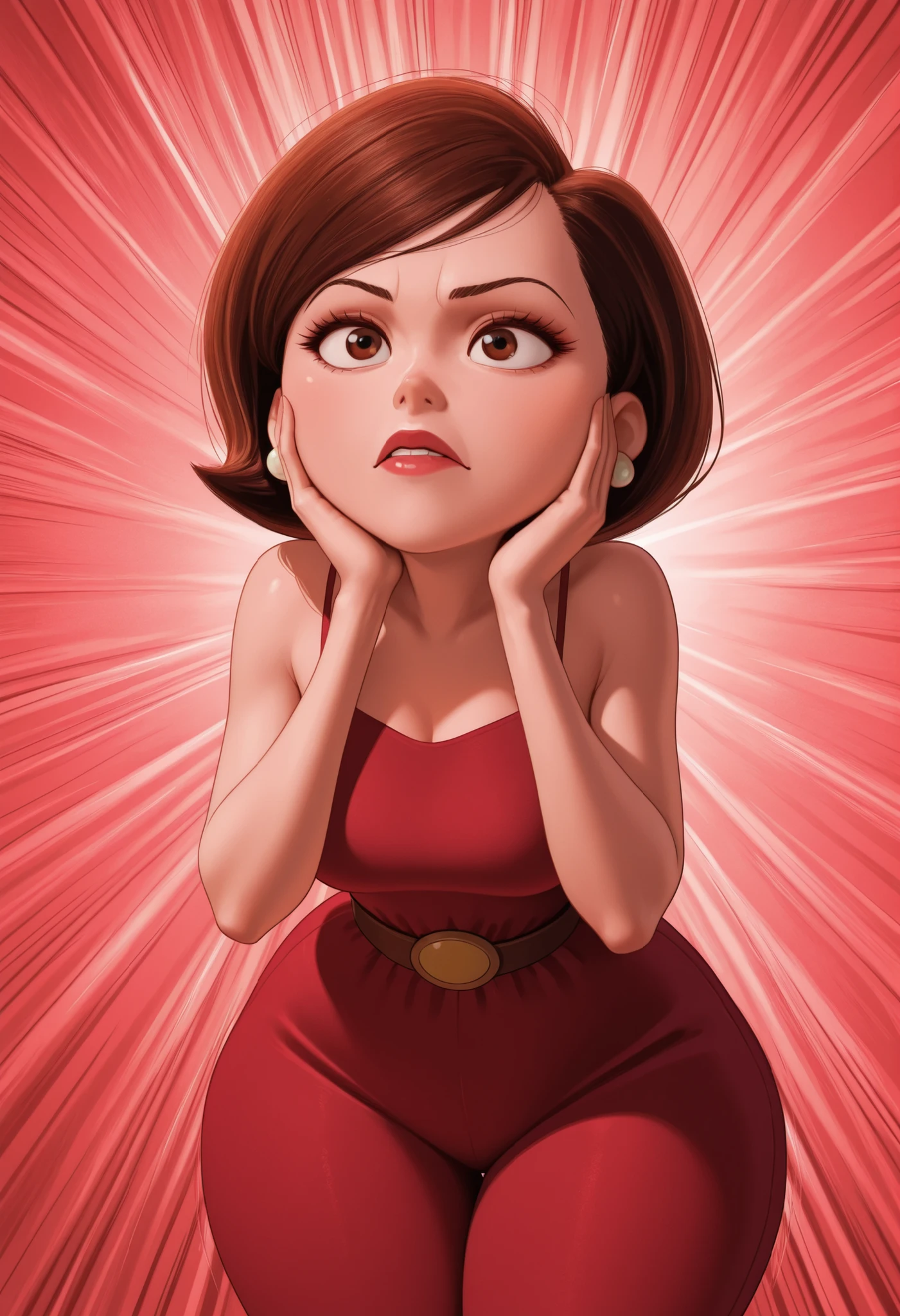 Helen Parr , mature female, brown eyes, big eyes, long eyelashes, medium breasts, narrow waist, thick thighs, huge hips, fair skin, thin hands, earrings, makeup, pink lips, lipstick.| A bald woman wearing a pink spaghetti strap sundress with white frilly trim and a brown belt with a dagger sheathe attached, solo, leaning forward, hands on either side of face, fingers spread, using a move, Dynamic illustration with explosive radiating speed lines emanating from behind her. High contrast with selective pink color accents. Dramatic composition with ink splatter effects and motion blur. She closes her eyes and has her hands beside her face. She is using the solar flare. Emphasis on the shine on her bald head. The background has radiating lines creating intense energy. Manga style with explosive effect, limited color palette, monochrome with pink accents, dramatic lighting, speed lines, splash effect.

