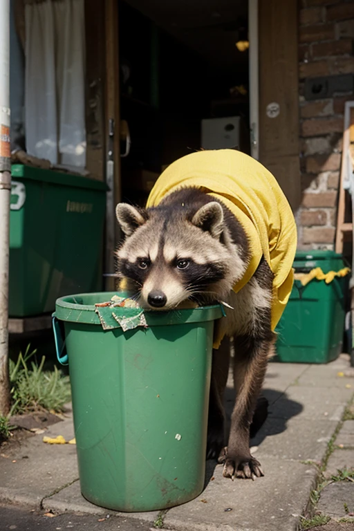 a tall raccoon dressed in white overalls, standing on a farm
