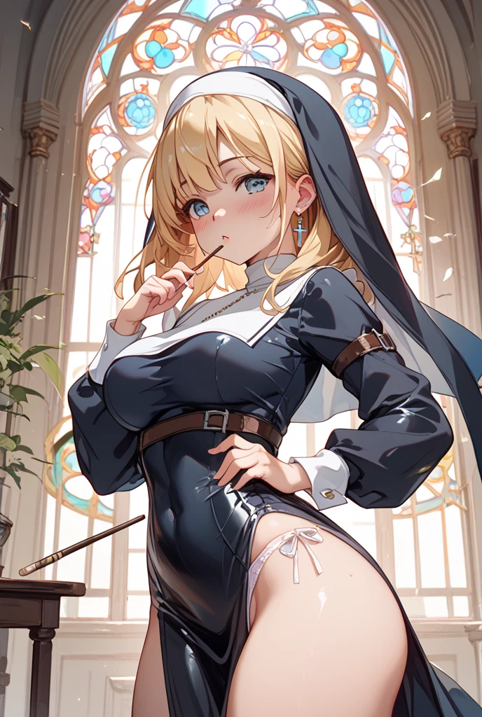 A woman ，Gorgeous，clavicle，Prominent and smooth underbreast area，Fallen Saint，Nun&#39;s Clothes，Intricate details，Beautifully，pubic，White lily garden background，