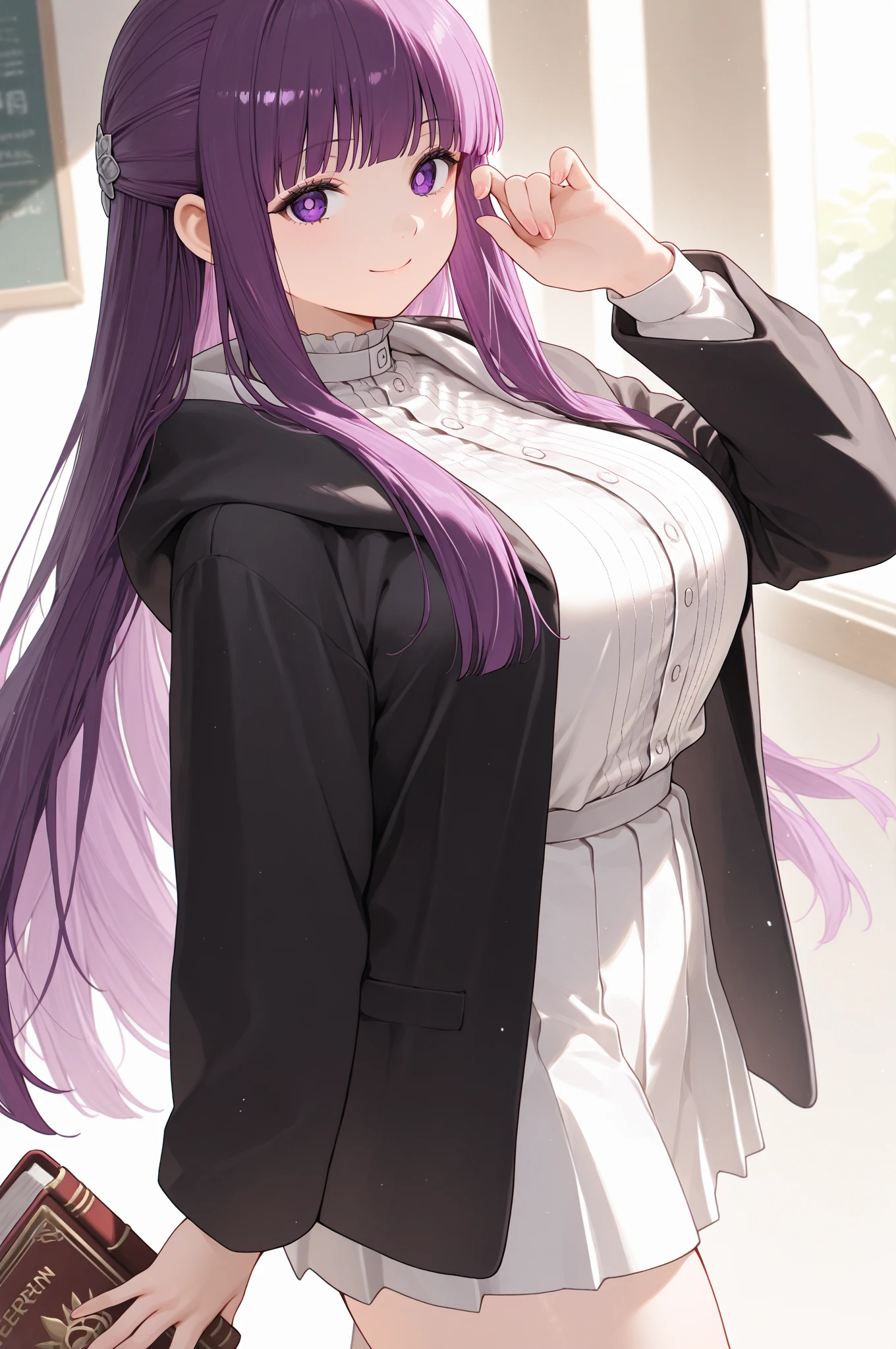 best quality, masterpiece, 1girl, (solo:1.1), raytracing, ultra detailed,detailed face, 8k wallpaper, wide , FernNDV, 1girl, purple hair, purple eyes, , long hair, , black robe, white shirt, smile, outdoor, hands on 