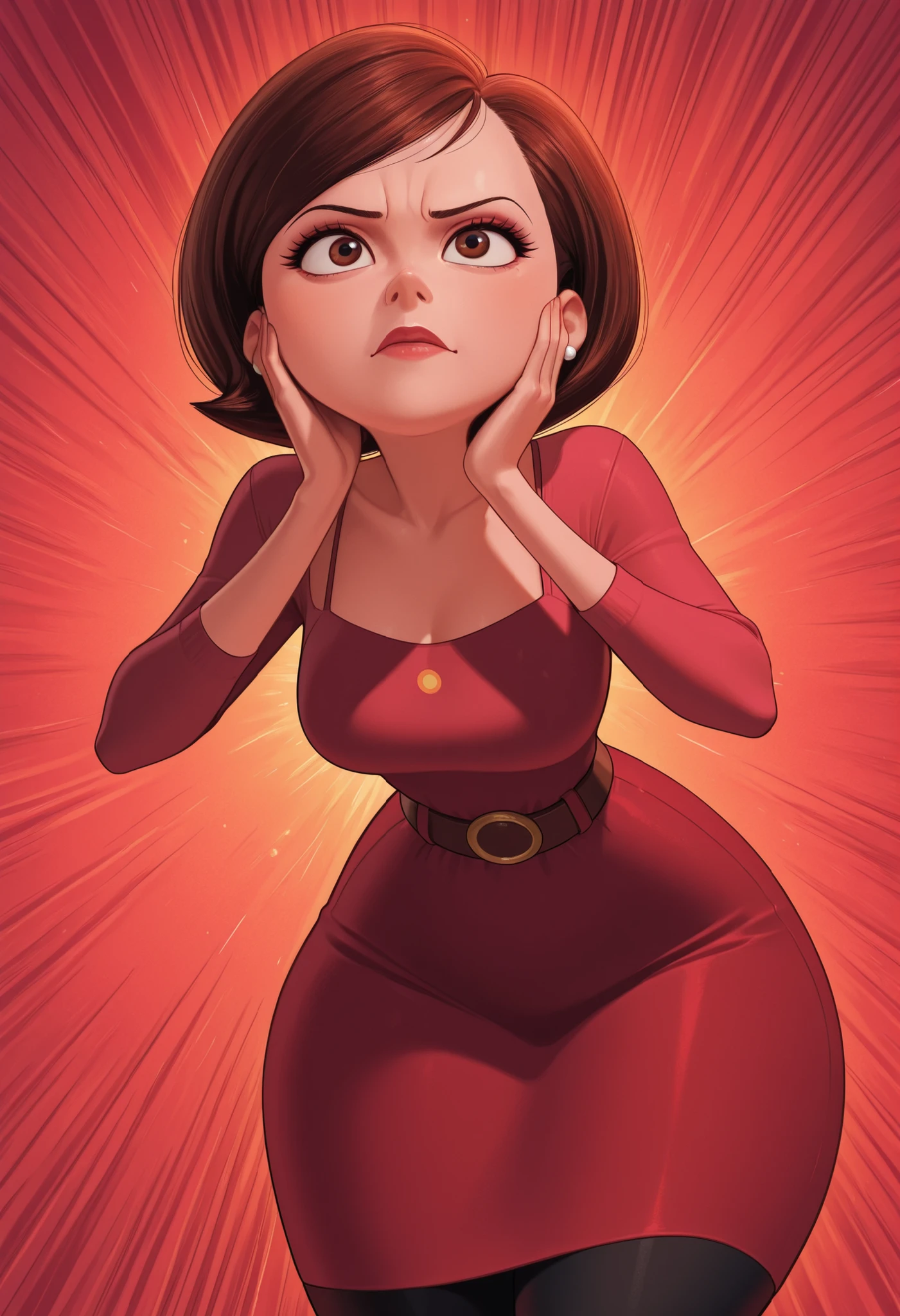 Helen Parr , mature female, brown eyes, big eyes, long eyelashes, medium breasts, narrow waist, thick thighs, huge hips, fair skin, thin hands, earrings, makeup, pink lips, lipstick.| A bald woman wearing a pink spaghetti strap sundress with white frilly trim and a brown belt with a dagger sheathe attached, solo, leaning forward, hands on either side of face, fingers spread, using a move, Dynamic illustration with explosive radiating speed lines emanating from behind her. High contrast with selective pink color accents. Dramatic composition with ink splatter effects and motion blur. She closes her eyes and has her hands beside her face. She is using the solar flare. Emphasis on the shine on her bald head. The background has radiating lines creating intense energy. Manga style with explosive effect, limited color palette, monochrome with pink accents, dramatic lighting, speed lines, splash effect.


