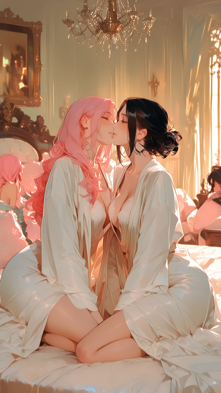 a beautiful 2 young woman wearing a white robe, they kissing each other and close to mouth , lite pink bra, Lingerie pose, wearing white silk hood,beautiful jewish woman, wearing white silk, wearing a white robe, wearing long white robe, wearing a luxurious silk robe, stunning woman,beautiful model girl,sofya emelenko, wearing silver silk robe , cleavage , large breasts