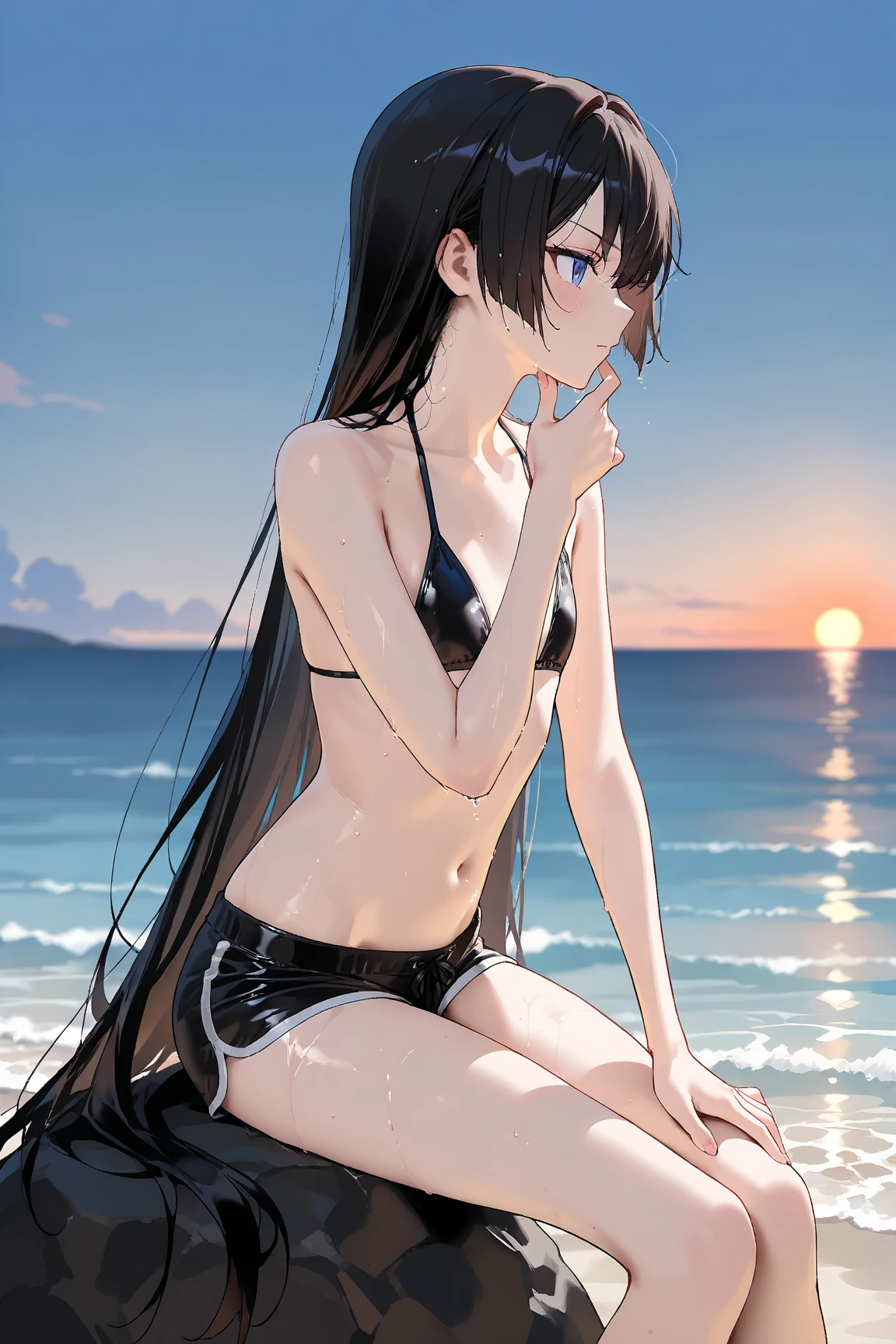 Midsummer、Ocean、sit、male、black hair、long hair、Forehead is coming out、wet hair、orange swimsuit、slender、abs、zoom、smilingly、peace sign、swollen ??????