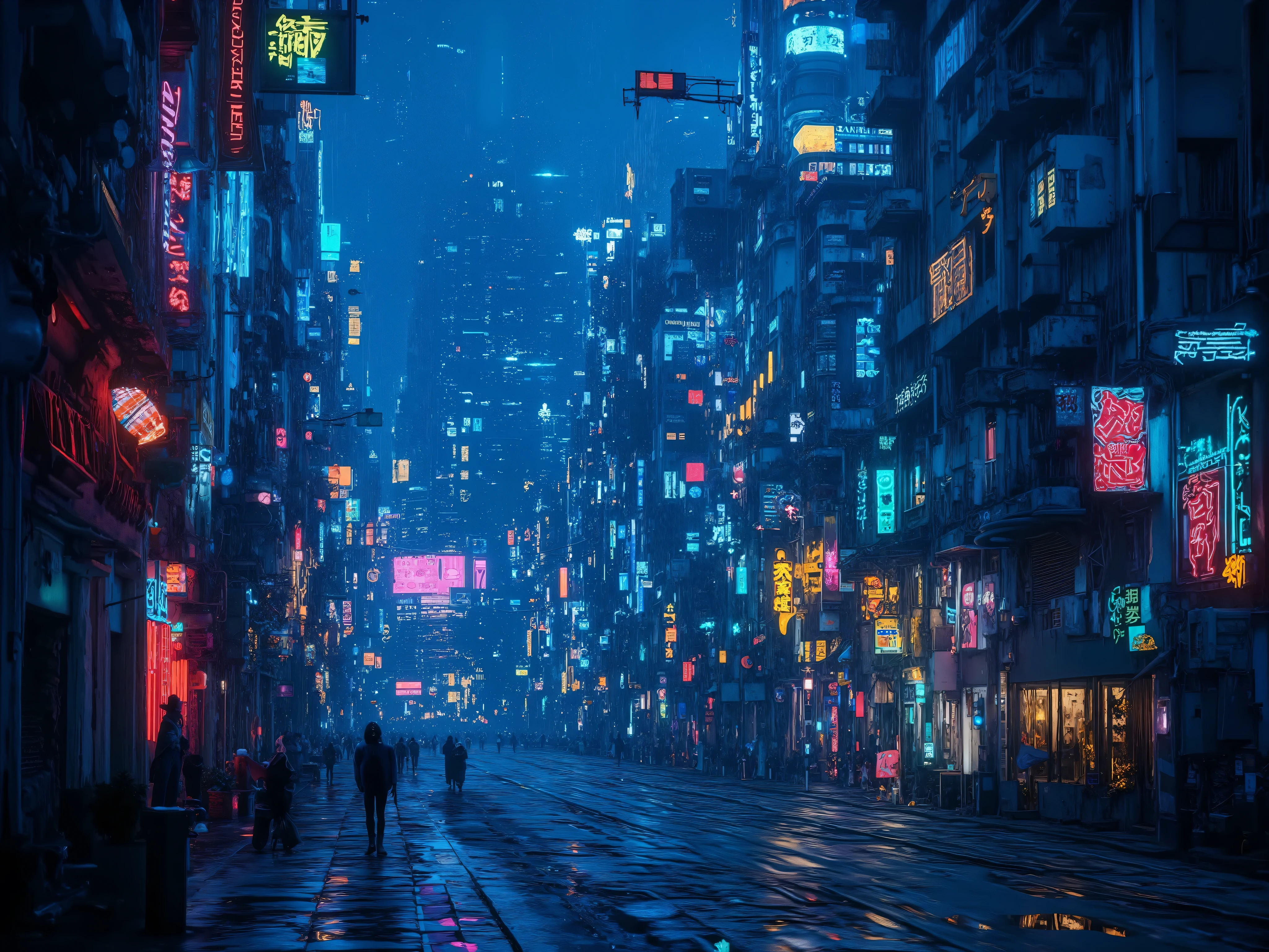 cyberpunk style,((High angle,Overview, night, Neon sign)), cinematic rainy cyberpunk city street at night, neon signs glowing, wet asphalt reflecting lights, soft rain falling, ambient mist, futuristic buildings, moody atmosphere, 4K, slow camera pan, ultra realistic